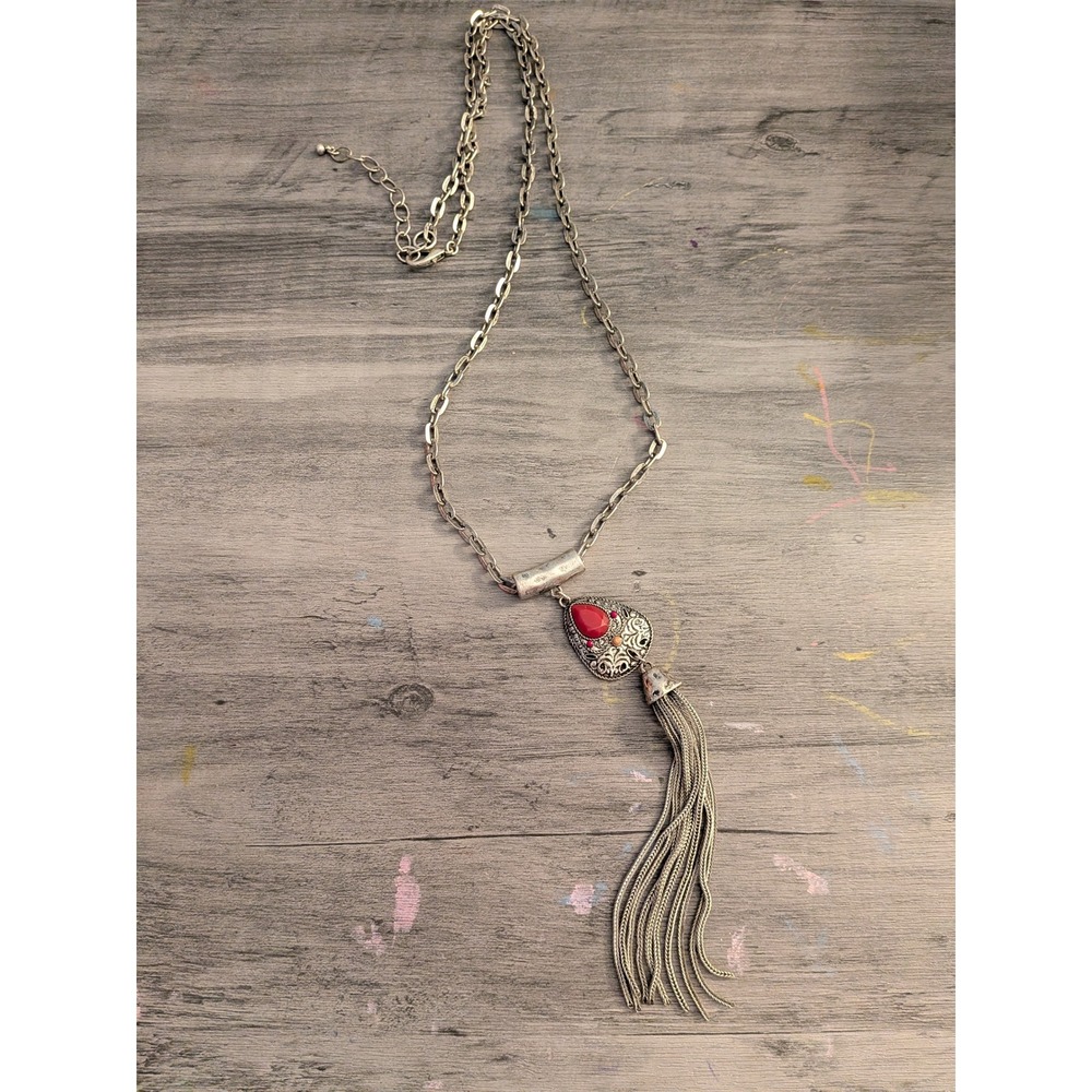 Boho Silver Tone Red‎ Stone Tassel Pendant Long Chain Necklace Statement Jewelry